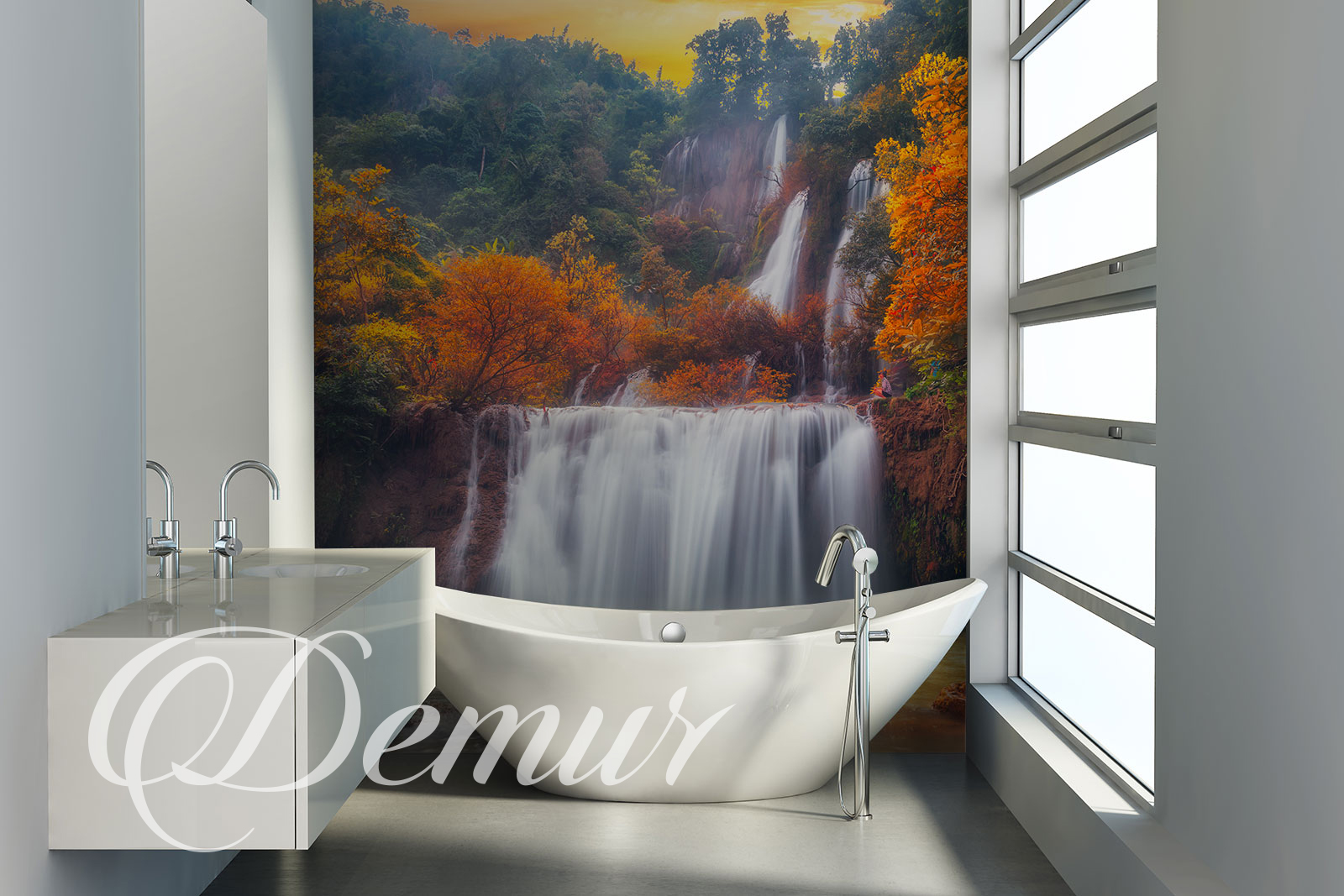 Fototapeta Jesienny Wodospad - łazienka bez płytek - Demur