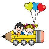 kids riding a pencil car  Fototapety do Przedszkola Fototapeta