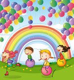 Kids playing with floating balloons and rainbow in the sky  Fototapety do Przedszkola Fototapeta