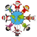 children, santa, reindeer, penguin and snowman worldwide  Fototapety do Przedszkola Fototapeta