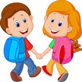 Idziemy do szkoły - chłopiec i dziewcznka z plecakiem Fototapety do Przedszkola Fototapeta
