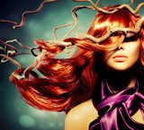 Fashion Model Woman Portrait with Long Curly Red Hair  Ludzie Obraz