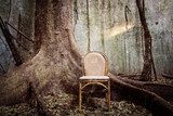 the tree, the old chair and the ruined wall - Grunge textured  Olejne Obraz