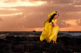 Belly Dancer in Yellow Costume on the Beach at Sunrise  Orientalne Fototapeta