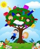 Cartoon children playing Illustration in an apple tree  Plakaty do Pokoju dziecka Plakat