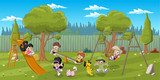 Cute happy cartoon kids playing in playground on the backyard  Plakaty do Pokoju dziecka Plakat