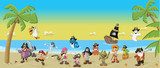Cartoon pirates with funny animals on a beautiful tropical beach  Plakaty do Pokoju dziecka Plakat
