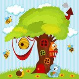 tree house with animals - vector illustration  Plakaty do Pokoju dziecka Plakat