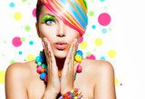 Beauty Girl Portrait with Colorful Makeup, Hair and Accessories  Ludzie Plakat
