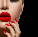 Red Sexy Lips and Nails closeup. Manicure and Makeup  Ludzie Plakat