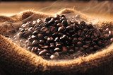 Coffee beans with smoke in burlap sack  Fototapety do Kawiarni Fototapeta