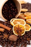 Coffee beans, cinnamon sticks and star anise  Fototapety do Kawiarni Fototapeta