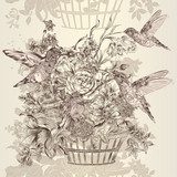 Vector seamless wallpaper pattern with flowers and birds  Drawn Sketch Fototapeta
