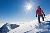Mountaineer reaches the top of a snowy mountain in a sunny winte  Sport Fototapeta