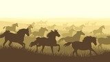 Horizontal illustration herd of horses.  Zwierzęta Fototapeta