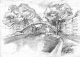 Canal Saint Martin in Paris with historical bridge  Drawn Sketch Fototapeta
