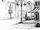 Retro city sketch, street, buildings and old cars vector illustr  Drawn Sketch Fototapeta