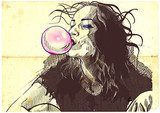 young woman blowing bubble from chewing gum  Drawn Sketch Fototapeta