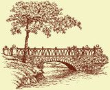 Vector landscape. Maple near ancient bridge over a small river  Drawn Sketch Fototapeta