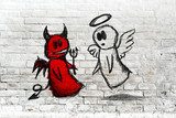 Angel and devil fighting; doodle drawing on white brick wall  Mur Fototapeta