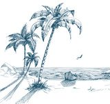 Summer beach with palm trees, seagulls and boat on shore  Drawn Sketch Fototapeta