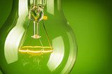 Close up glowing light bulb on green background  Plakaty do Biura Plakat