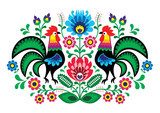 Polish floral embroidery with cocks - traditional folk pattern  Folklor Fototapeta