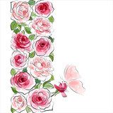 Stylish floral background. Pink roses with butterfly  Rysunki kwiatów Fototapeta
