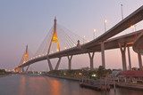 Twilight scenery of Bhumibol Bridge in Samut Prakarn, Thailand  Fototapety Mosty Fototapeta