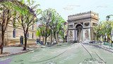 Street in paris - illustration  Drawn Sketch Fototapeta