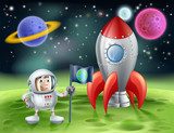 Cartoon astronaut and vintage rocket  Fototapety do Pokoju Chłopca Fototapeta