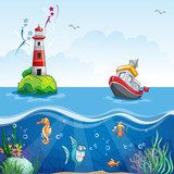 illustration in cartoon style of a ship at sea and fun fish  Fototapety do Pokoju Chłopca Fototapeta