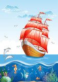 Illustration of a sailboat with red sails.  Fototapety do Pokoju Chłopca Fototapeta