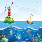Children's illustration with lighthouse and sailboat.  Fototapety do Pokoju Chłopca Fototapeta