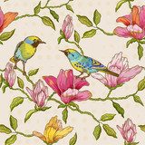 Vintage Seamless Background - Flowers and  Birds  Plakaty do Salonu Plakat