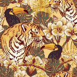 Tropical floral seamless background with Tiger  Na meble Naklejka