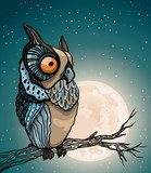 Cartoon owl and full moon.  Na drzwi Naklejka