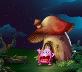 A scared monster near the mushroom house  Obrazy do Pokoju Dziecka Obraz