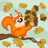 squirrel gathers acorns - vector illustration, eps  Obrazy do Pokoju Dziecka Obraz