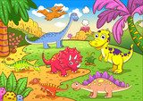 Cute dinosaurs in prehistoric scene  Obrazy do Pokoju Dziecka Obraz