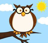 Wise Owl On Tree Cartoon Character  Obrazy do Pokoju Dziecka Obraz