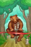 bear is racing on bicycle in the forest  Obrazy do Pokoju Dziecka Obraz
