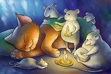 mice read book to a kitten at the night  Obrazy do Pokoju Dziecka Obraz