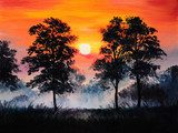 oil painting landscape - sunset in the forest, fog  Krajobraz Fototapeta