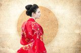 Vintage style portrait of a woman in red kimono  Orientalne Fototapeta