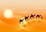 Camel caravan in desert  Zachód Słońca Fototapeta