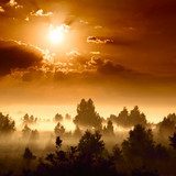 Landscape, sunny dawn, sunrays in fog  Zachód Słońca Fototapeta