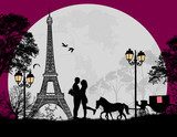 Carriage and lovers at night in Paris  Fototapety Wieża Eiffla Fototapeta