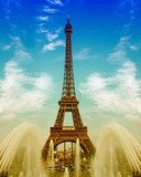 Eiffel Tower with fountains over cloudy blue sky  Fototapety Wieża Eiffla Fototapeta