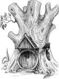 Small house in tree hollow sketch  Drawn Sketch Fototapeta